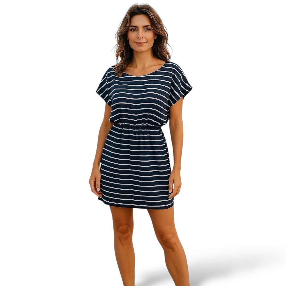 Fun&Flirt Nautical Navy White Stripe Dolman Sleeve Ruched Waist Dress Medium